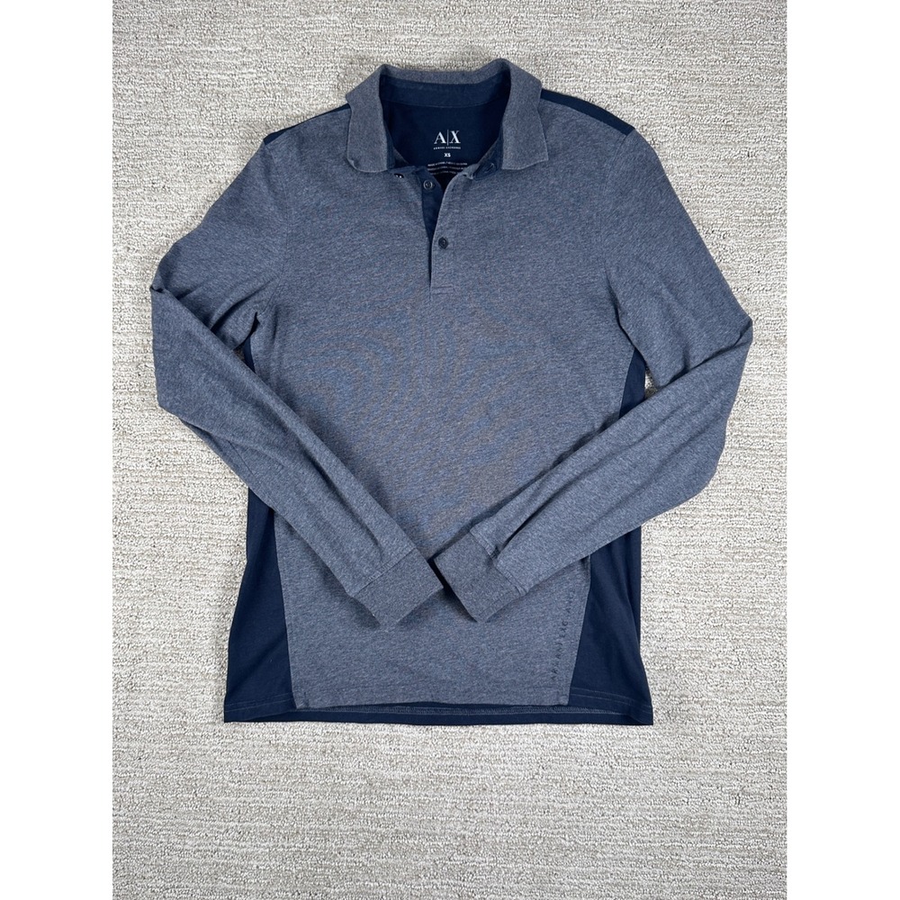 Armani Exchange Mens Long Sleeve Plo Shirt Gry Nay Blue Colorblock XS 100 Cotton